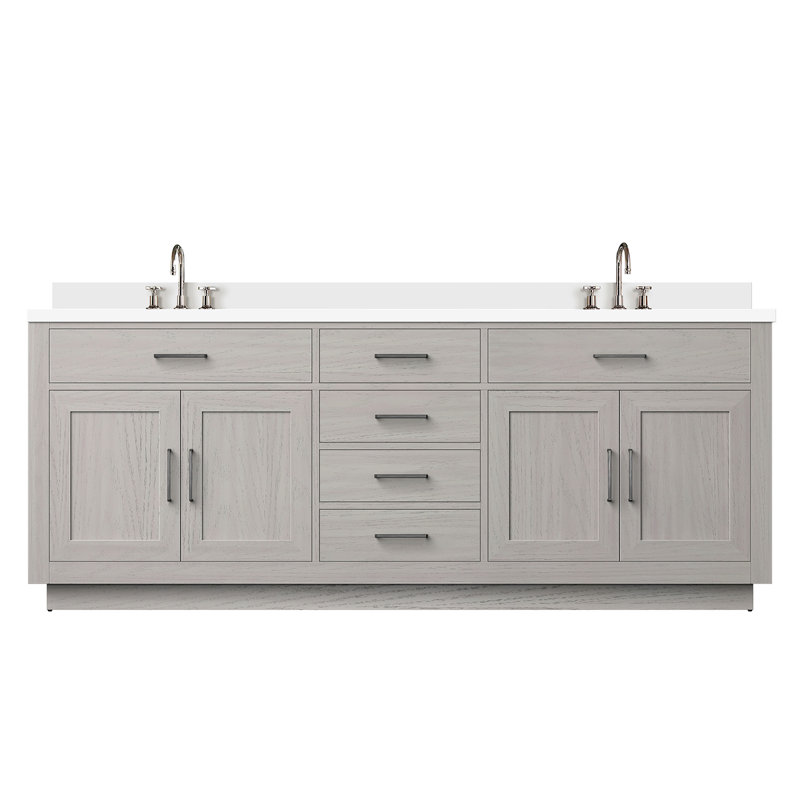 84 po Meuble-lavabo double large en chêne blanc, comptoir en quartz, robinet, mécanisme de fermeture en douceur, meuble-lavabo en bois massif et l 22 pi, finition, surface, fermeture, maquillage