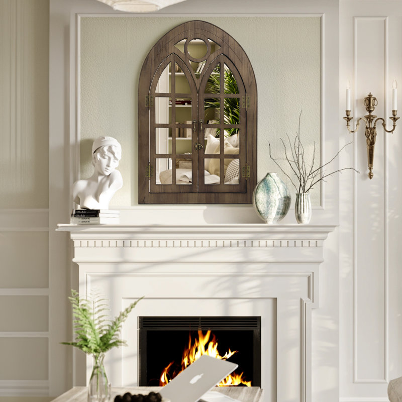 Farmhouse Wood Wall Mirror Window Mirror with Opening Doors, Solid Wood Frame Wall Mirror, 1:1 HD Shatterproof Glass, Decorative Wall Mirror for Living Room, Bedroom, Entryway