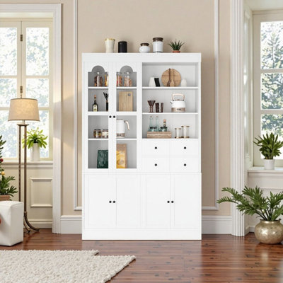Très grand buffet autoportant de 75 po avec huche - rangement maximisé, 4 tiroirs et portes en verre