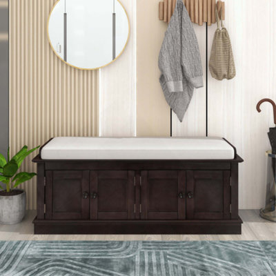 Banc de rangement avec 4 portes et tablettes réglables, banc à chaussures avec coussin en lin amovible pour le salon de l'entrée