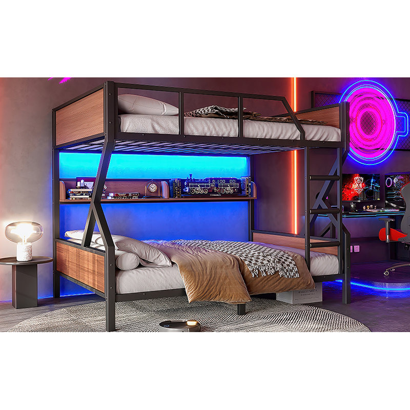 Lit superposé double au-dessus de double, lit superposé en métal avec tablettes de rangement et lumières, conception peu encombrante et silencieuse, noir