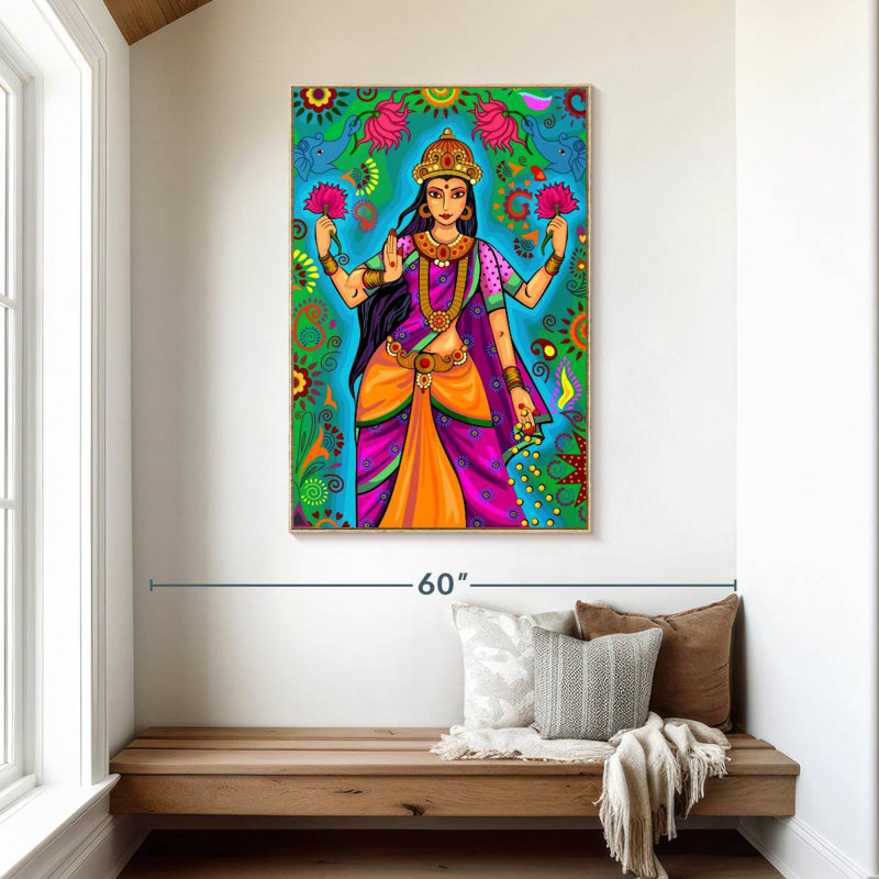 Déesse indienne Lakshmi, Cadre flottant en bois naturel, 31" x 46"