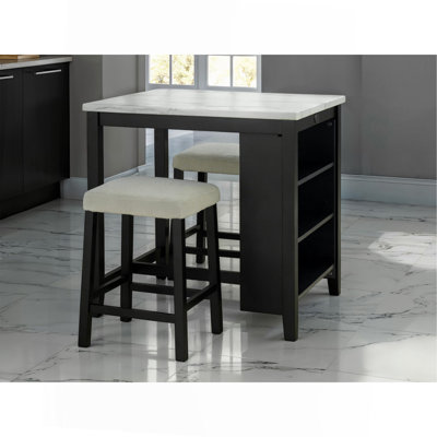 Dining Room Transitional 3Pc Dining Set Gloss Table Top W Storage Shelves Side 2X Stools
