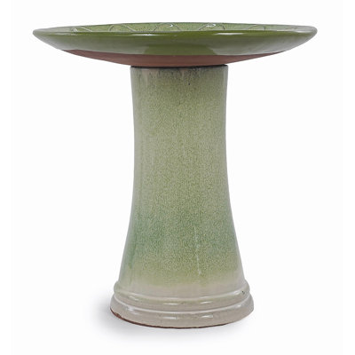 Baignoire d'oiseaux en céramique faite à la main avec glaçage dégradé vert, 16,93 po de diamètre, hauteur de 18,11 po, jardin d'extérieur pour les oiseaux se baignant et se nourrissant, légère et résistante aux intempéries
