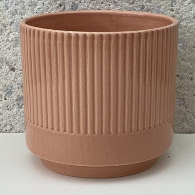 Pot de fleurs cylindrique côtelé beige brillant