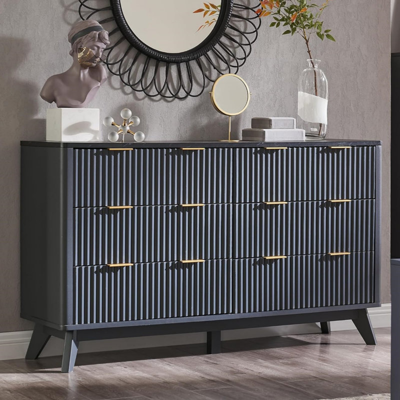 Sladen Fluted Design 6-Drawers Dresser Organizer, Wood Wide Chest of Drawers, Black