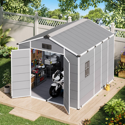 Remise de rangement extérieure 8 x 10 pi, remise à outils de jardin en résine avec portes doubles verrouillables, plancher intégré et toit incliné résistant aux intempéries pour le rangement dans la cour arrière, l'approvisionnement en piscine