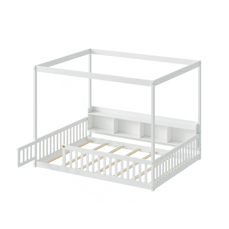 Montessori Floor Bed with Storage Headboard and Safety Access Door, Blanc