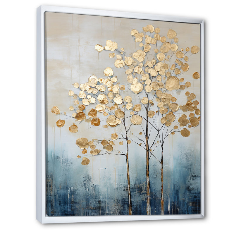 Or doré et arbres bleus Harmony IV - Art mural arbres, H 32 po x l 16 po x P 1 po, Cadre flottant blanc