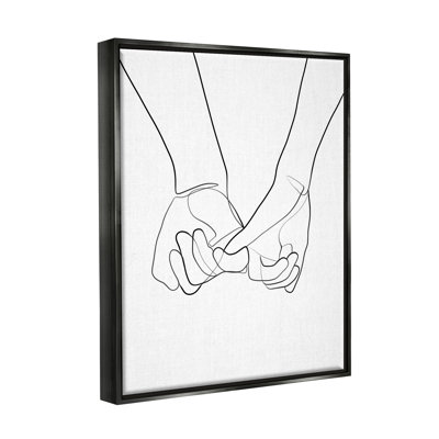 Fluid Line Abstract Couple Holding Hands Black White Jet Black Framed Floating Canvas Wall Art by Ros Ruseva
