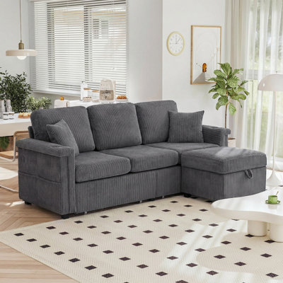 Modern L-Shaped Sectional Sofa With Storage Ottoman & 7-Color LED Lights - 4-Seat Corduroy Couch With USB Charging, Cup Holders & Side Pockets
