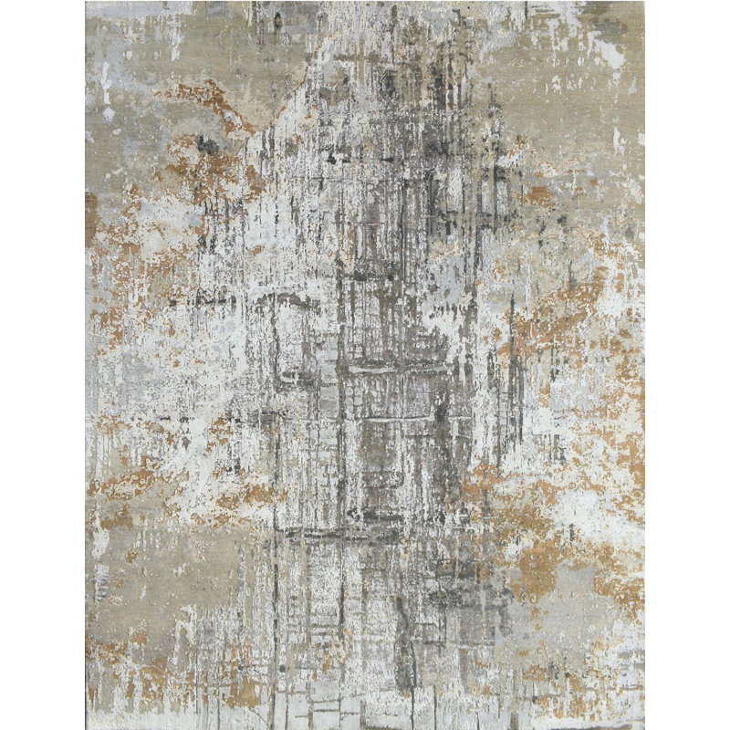 Tapis en soie noué à la main 8 pi x 9 pi 10 po | Tapis moderne abstrait en marbre | Tapis contemporain beige anthracite rouille | Grand tapis de style Iva