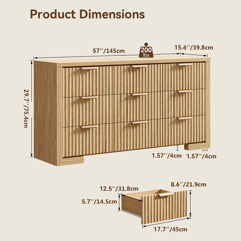 57''Wide 9-Dresser for Bedroom, Double Dresser with 9 Drawers, Wood Chest Of Drawers for Living Room, Oak
