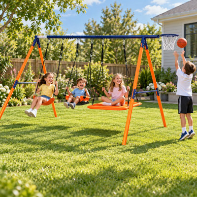 Ensemble de balançoire en métal 4 en 1 avec 3 sièges de balançoire et panier de basketball pour enfants