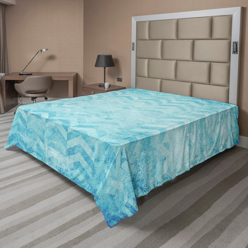 Drap plat Ambesonne Orient, Drap plat de taille double, Jaune, vert et bleu sarcelle / motif damassé