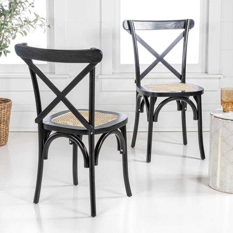 Cassis Farmhouse Black Solid Mahogany Wood Cross-Back Dining Chairs, with Woven Rattan Seat for Kitchen and Dining Room