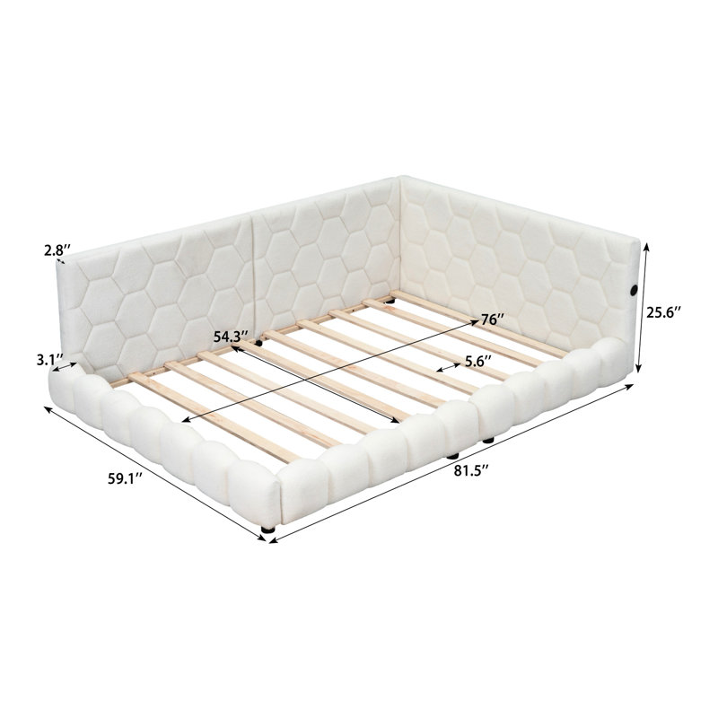 Lit plateforme tapissier blanc avec hublots et ceinture à DEL - Structure et structure en bois massif durable et durable
