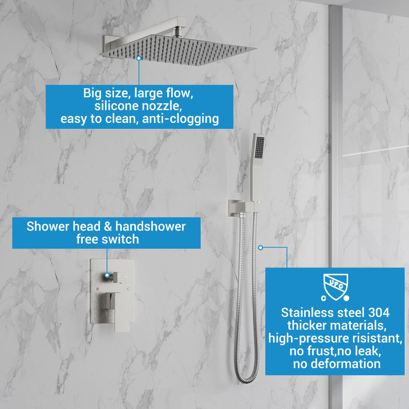 Shower Systems, 10" Rainfall Square Head And Handle Set, Shower Faucet Combo Kits, Wall Mounted Shower Fixtures