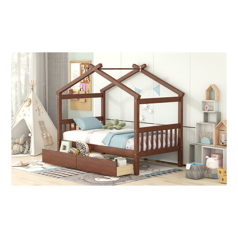 Lit simple en bois avec tiroirs, noyer, Noyer, Lit simple