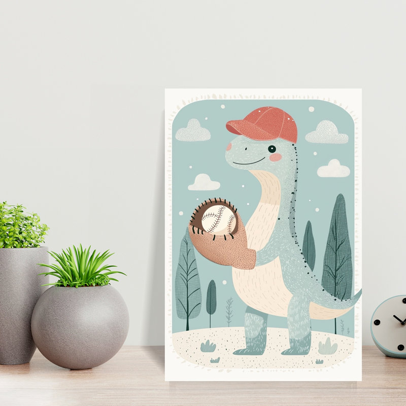 Playful Dinosaur Baseball Playful Abstract Contemporary Animal Nature Wall Art Print by Mathieu - Wrapped Canvas Print