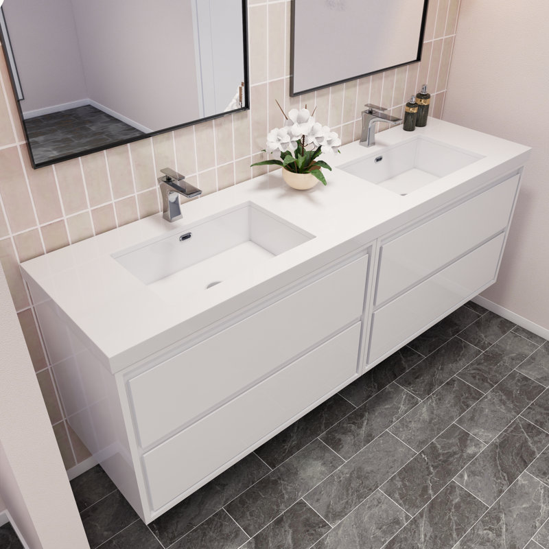 Azden 70.6" Wall-Mounted Double Bathroom Vanity Set, High Gloss White