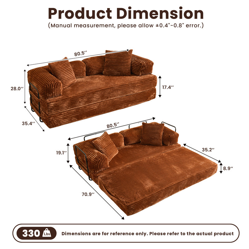 Boneless No Assembly Required Compression Packed 2 Person Fabric Sofa Bed, High Rebound Density Sponge Sofa, Brown Corduroy