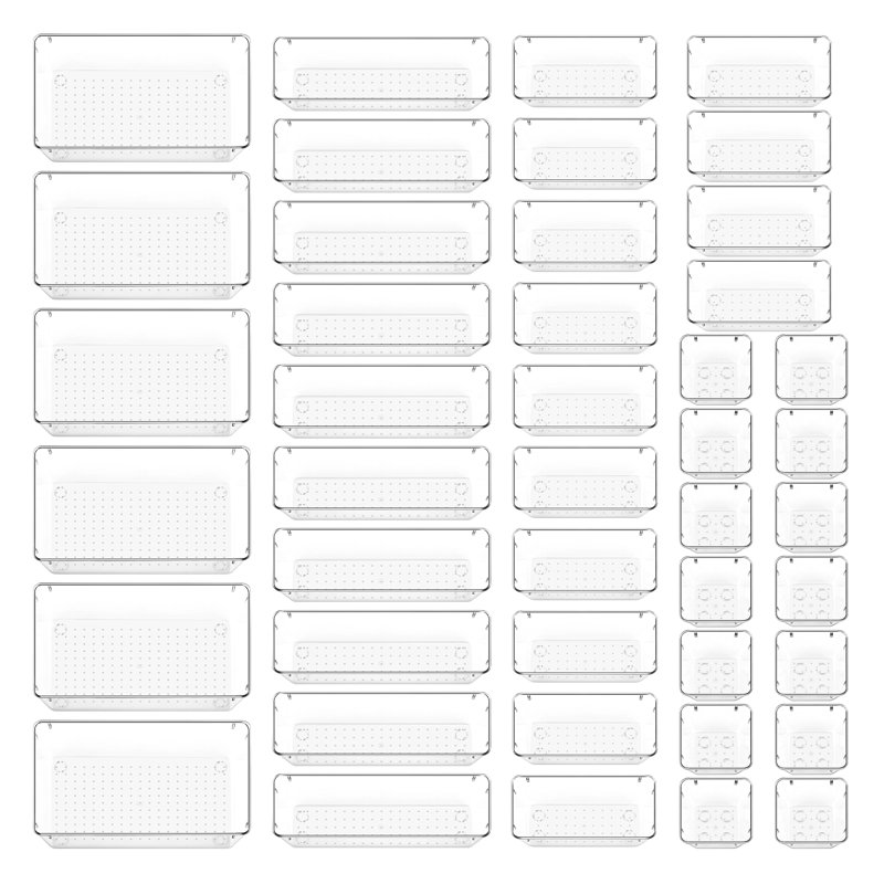 Ensemble de 44 organisateurs de tiroir en plastique transparent, 4 plateaux de rangement polyvalents pour salle de bain et coiffeuse, 4 contenants de rangement antidérapants pour le maquillage, les bijoux, la chambre à coucher, les ustensiles de cuisine
