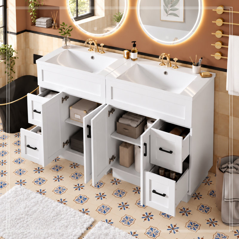 Meuble-lavabo avec 4 portes d'armoire, 4 tiroirs et 2 tablettes réglables, White