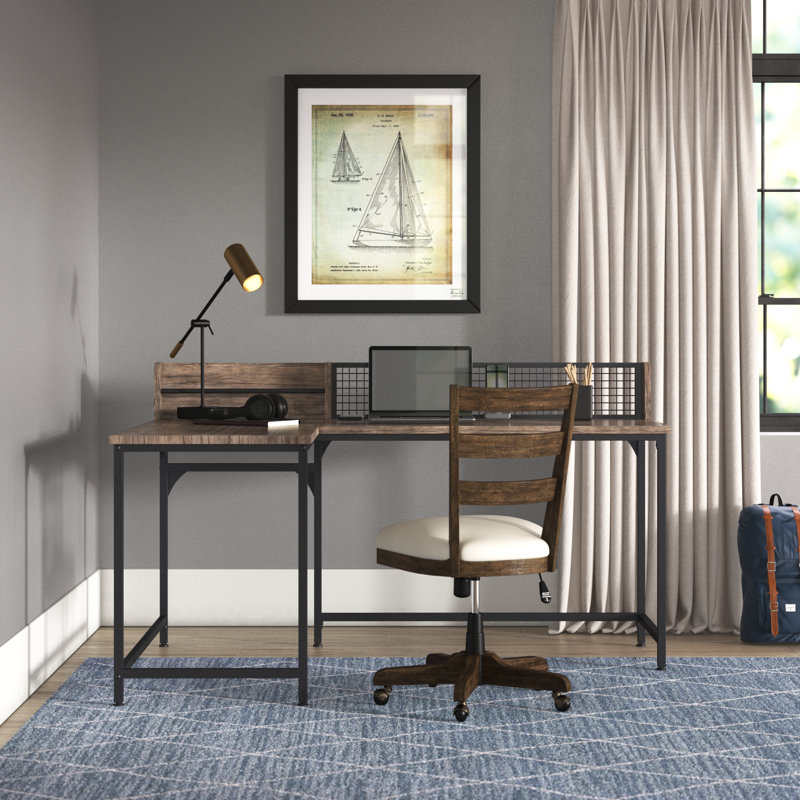 Clerkin L-Shaped Executive Desk, Black, Brown, Steel