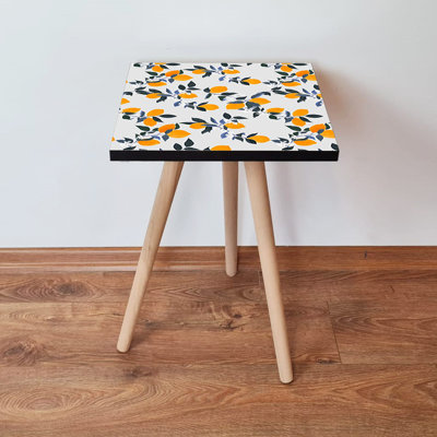 Table d'appoint moderne avec pieds en bois de hêtre, 13,8 x 16,5 x 13,8 pouces | 100% panneau de fibres à densité moyenne, épaisseur: 0,7 pouce | Élégant motif floral blanc, orange et vert | Idéal pour le salon, la chambre à coucher et le bureau