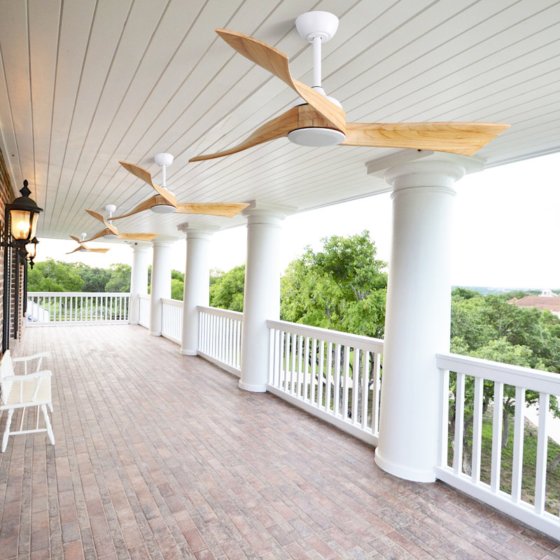 Kemp 52'' 3-Solid Wood Blade Modern Propeller Ceiling Fan with Remote Control and no Light, White with Burlywood Blades