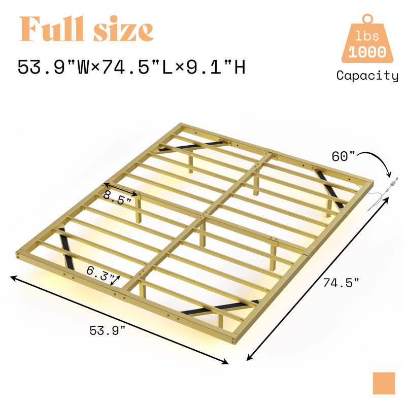 Gold Full Size Floating Metal Bed Frame with LED Lights