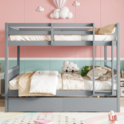 Rubber Wood Bunk Bed With 2 Drawers, Convertible Into 2 Beds, Bunk Bed With Ladder And Safety Guardrails ,