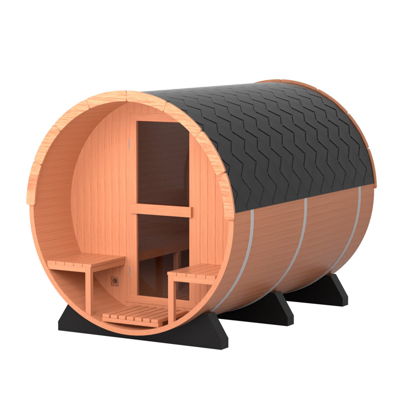 6 Person Outdoor Patchwork Red Cedar Traditional Steam Barrel Sauna With Half-Viewing Window