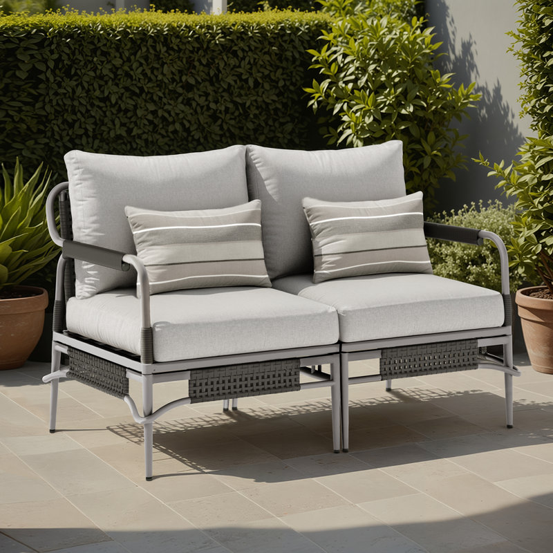 Fern Aluminum & Wicker Outdoor Loveseat with Cushions & Sunbrella Pillows, Light Gray Frame/Light Gray Cushion
