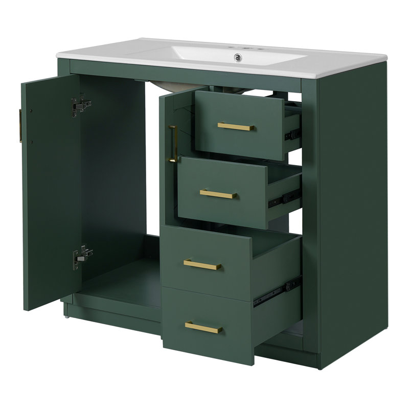Meuble-lavabo 36 po avec lavabo en céramique, structure en bois massif, 3 tiroirs et portes à fermeture douce pour styles modernes et rétro