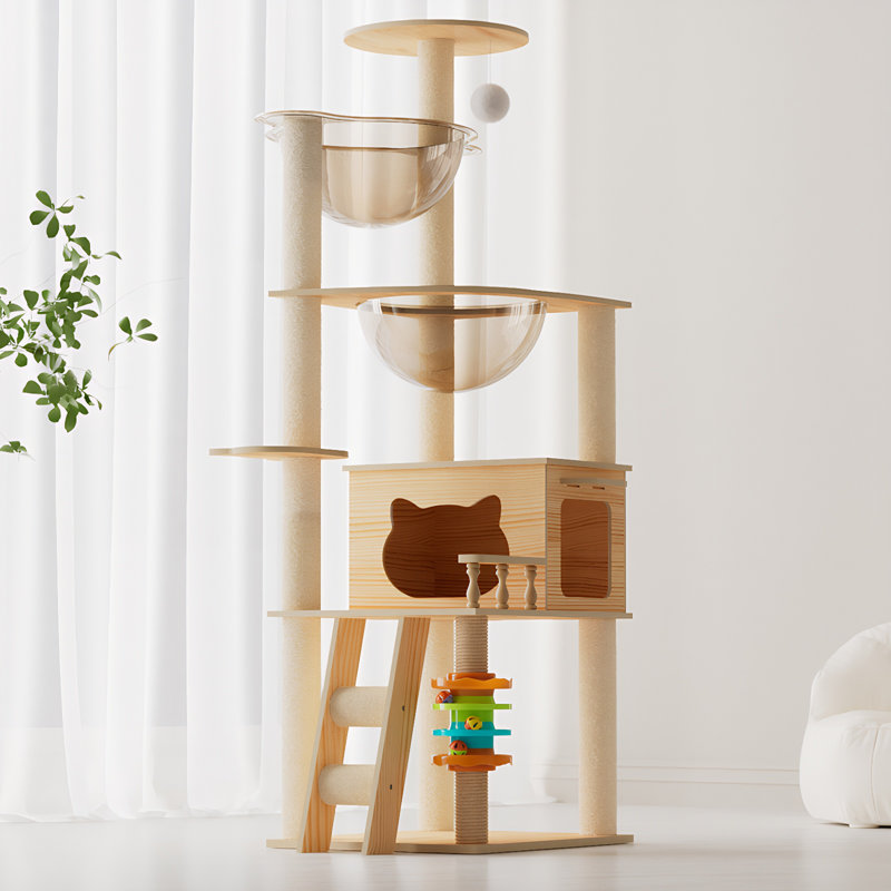 Arbre à chat moderne en bois, 59 po avec poteaux à griffer en sisal, perchoir supérieur et hamac en acrylique pour petits et grands chats