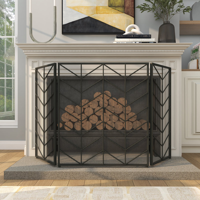 Venturi Metal Foldable Mesh Netting 3 Panel Geometric Fireplace Screen with Chevron Pattern, Black