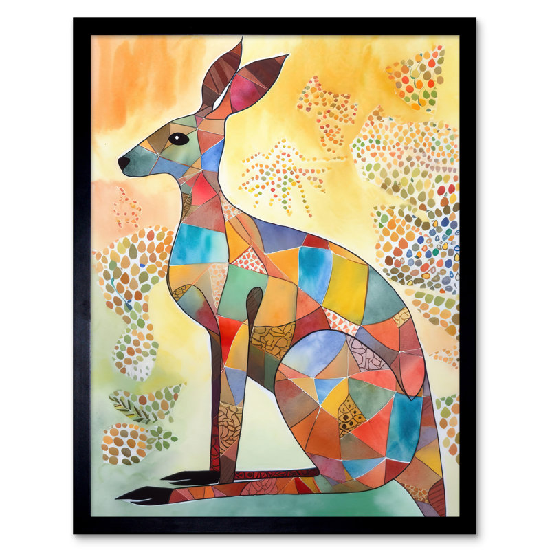 Multicoloured Kangaroo Folk Art Watercolour Painting Art Print Framed Poster Wall Decor 12x16 inch
