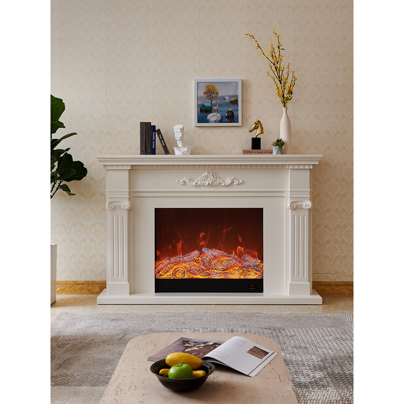 Foyer électrique moderne de style français avec flammes simulées, H 47,24 po x l 59,06 po x P 12,6 po, Blanc