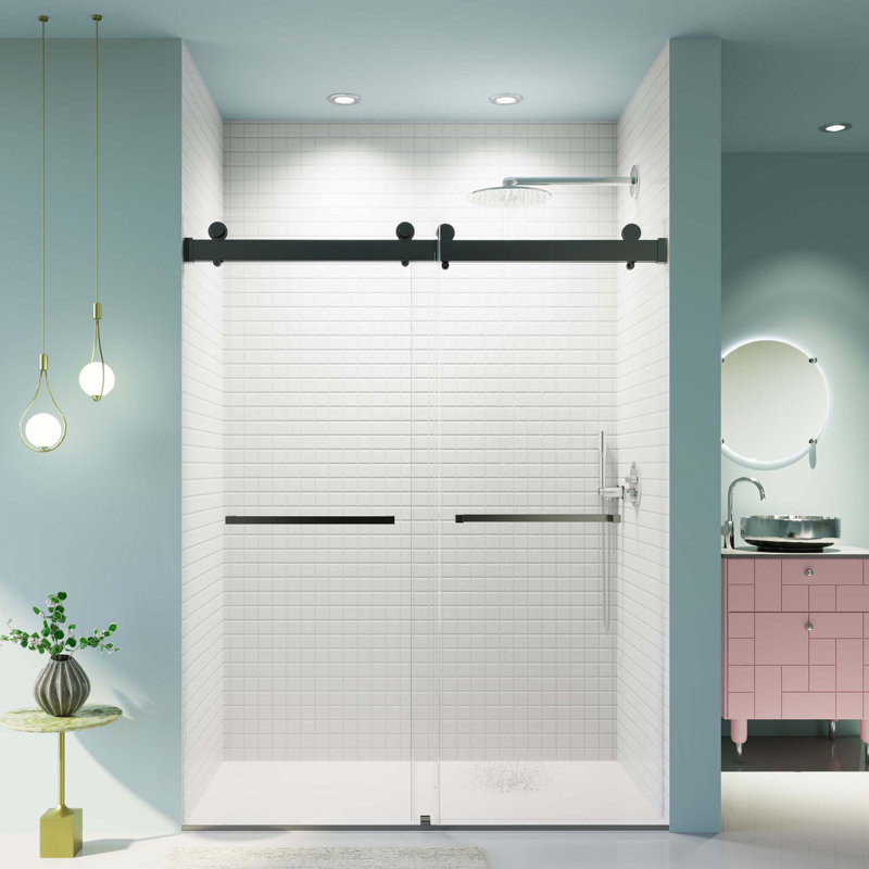 Porte de douche coulissante double sans cadre à fermeture en douceur, porte en verre trempé, Noir mat