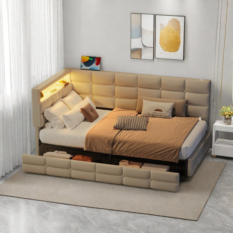 Upholstered Daybed With 2 Drawers, Charging Station, Led Lights, Storage Headboard And Checkered Button Decoration, Beige