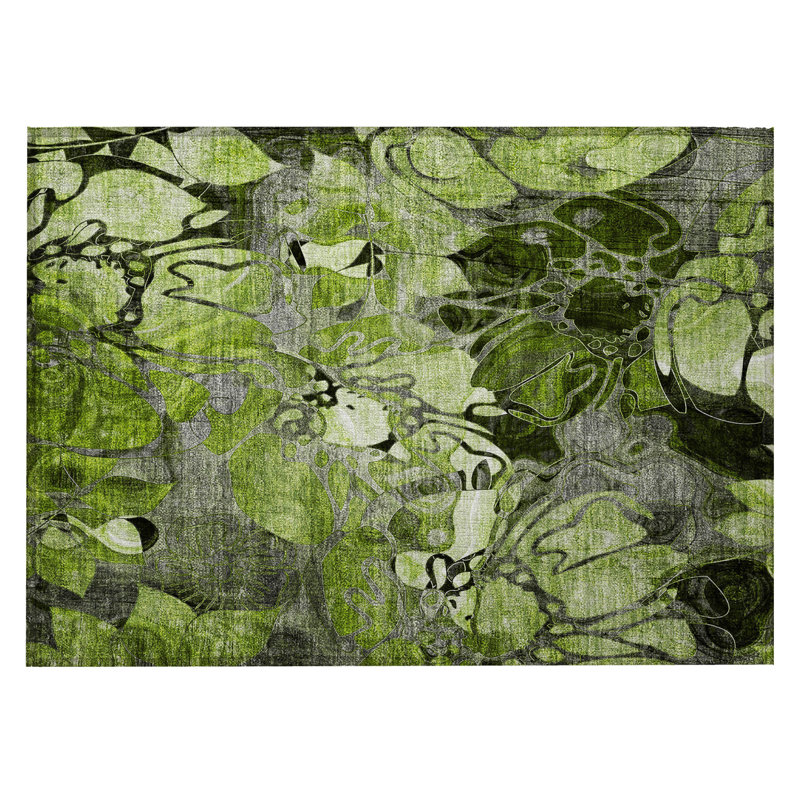 2' X 3' Fern Green and Gray Floral Washable Non Skid Indoor Outdoor Area Rug
