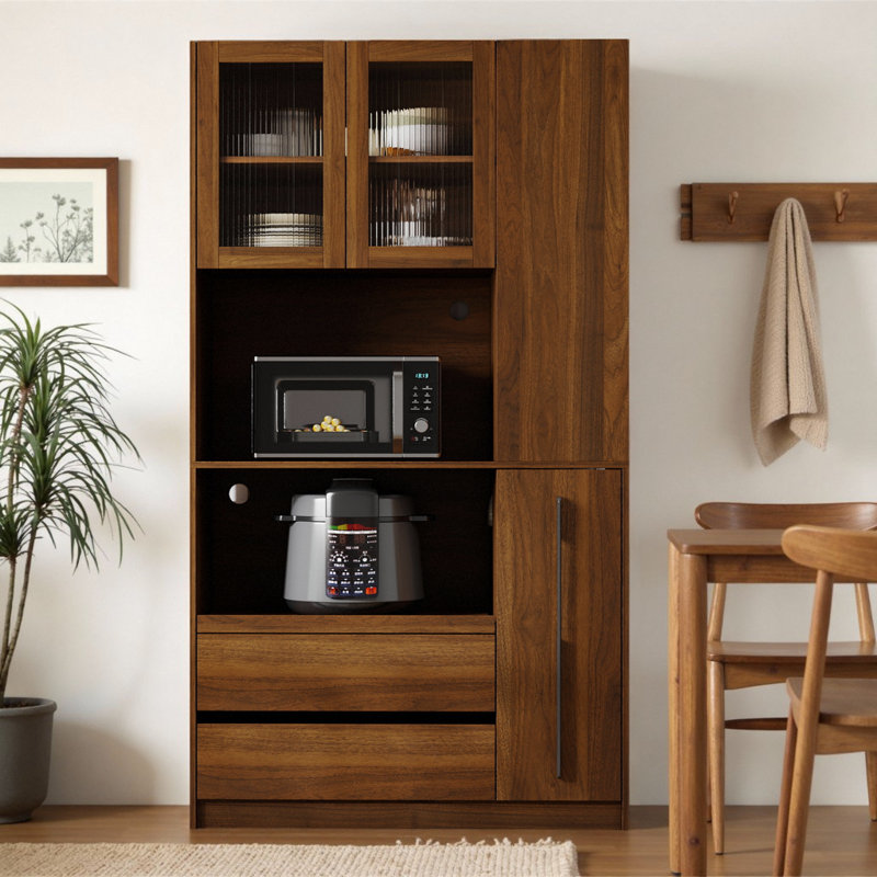 Grand garde-manger 70,87 "avec porte vitrée, 2 tiroirs et rangement coulissant - Support pour micro-ondes autoportant