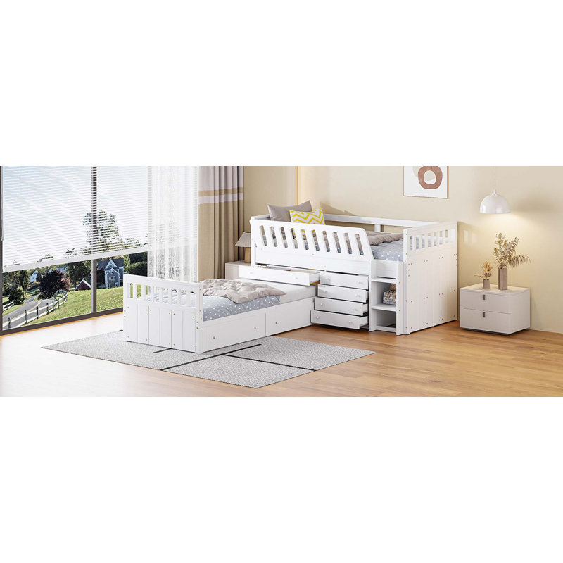 Lit mezzanine en forme de L avec 7 tiroirs et garde-corps complets, Blanc