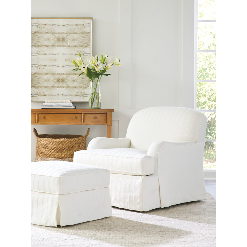 White Cotton Upholstered Ottoman with Skirted Base