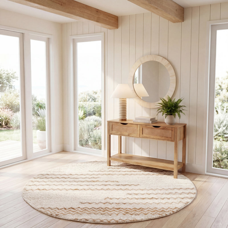 Kristina Chevron Handmade Flatweave Wool Area Rug in Ivory/Brown, Round 6'