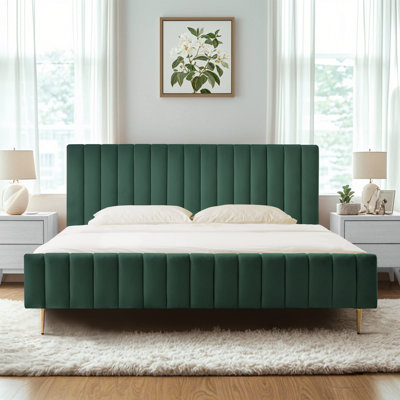 Velvet Upholstered Wooden Modern Platform Bed Frame with Headboard Footboard, No Box Spring Needed