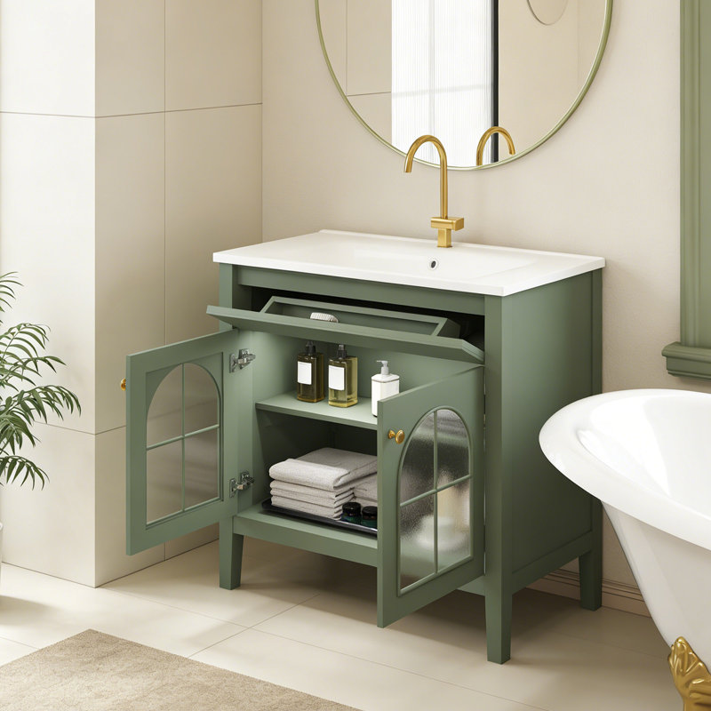 Meuble-lavabo de style maison de campagne de style Mid-Century 35,6 po avec lavabo, meuble-lavabo autoportant avec porte en verre à motif et éclairage à détecteur de mouvement