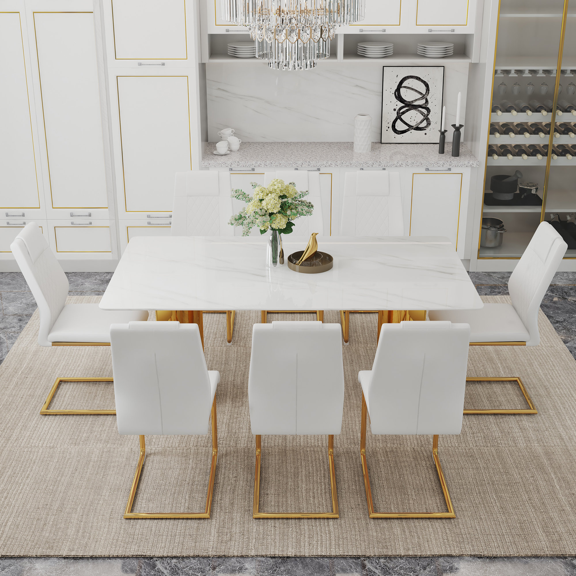 Everly Quinn Dining Table Set With Glass Top And Imitation Marble ...